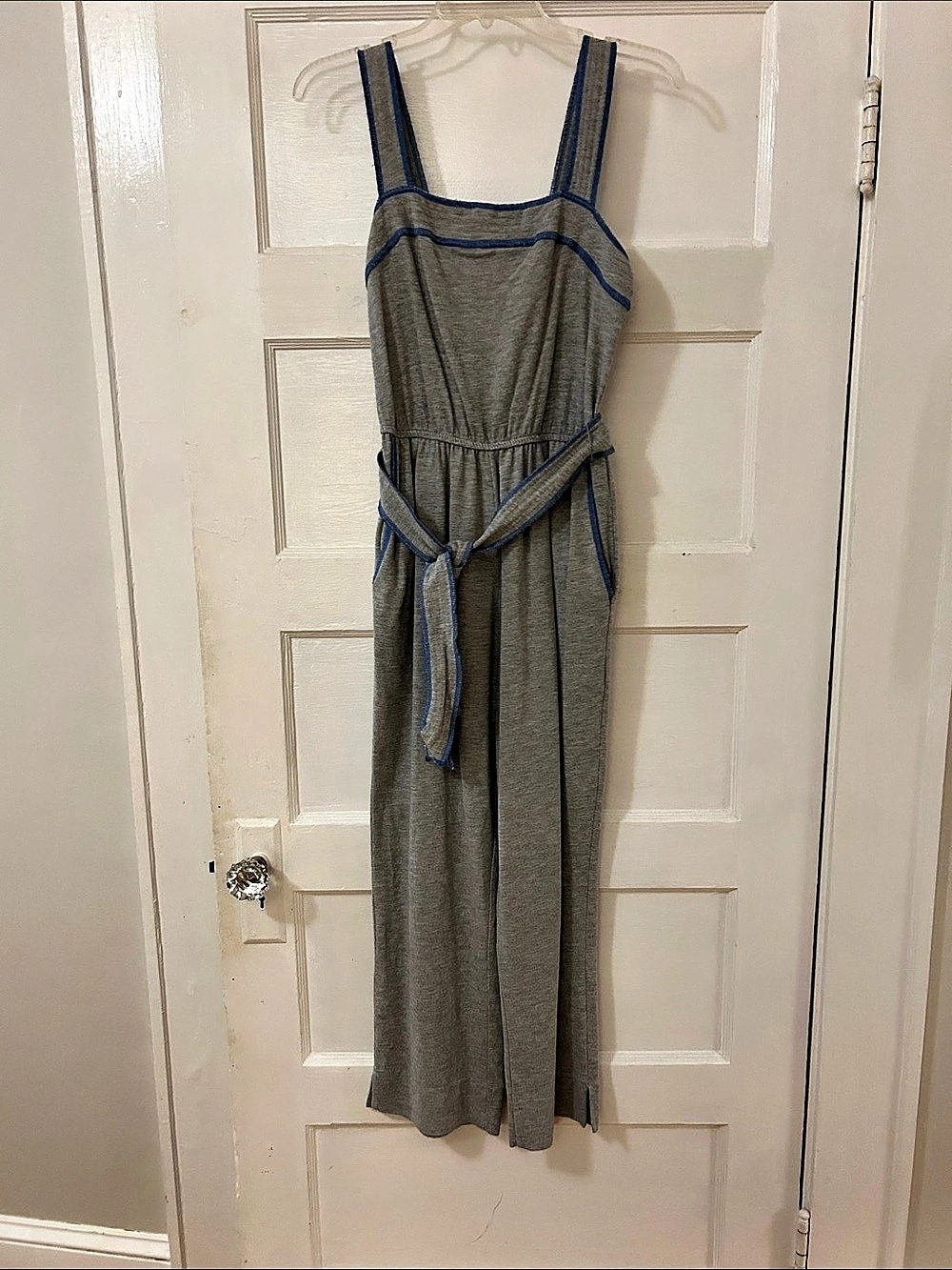 Saturday Sunday Gray Blue Trim Wide Leg Jumpsuit